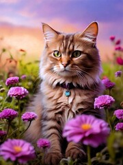 Naklejka na ściany i meble cat and flowers Cats have sharp, retractable (except in the cheetah) claws, and their teeth are adapted for stabbing, anchoring, and cutting. They almost always land on their feet when they fall from 