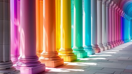 Naklejka premium A row of colorful pillars in a hallway with sunlight shining through, AI