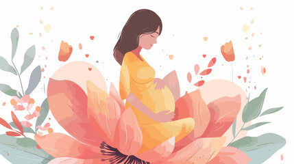 Pregnant woman is sitting in the big flower. Young wo