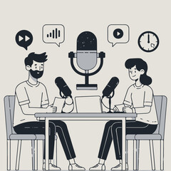 vector illustration Man and woman in white shirts podcasters interview each other for radio podcast