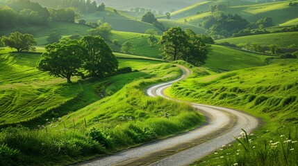 Idyllic green countryside with a winding country road