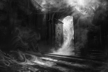 Igniting curiosity a mysterious doorway at the center of a dark room leads to an astral realm unseen by human eyes