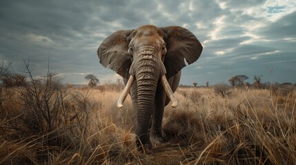 Big elephant in the African savanna. Nature animal background. - obrazy, fototapety, plakaty