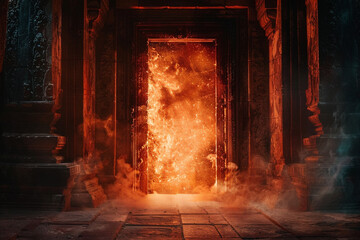Igniting curiosity a mysterious doorway at the center of a dark room leads to an astral realm unseen by human eyes