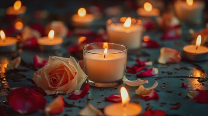 There are four lit candles in glass holders on a table. Red rose petals are scattered on the table around the candles.

