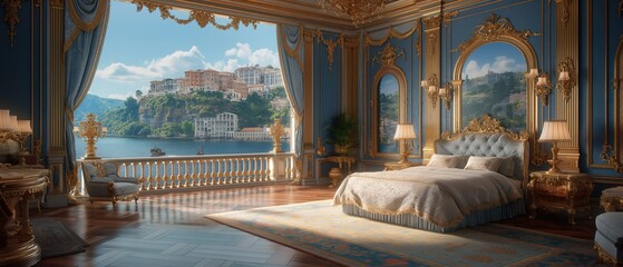 Naklejka premium luxury palace bedroom with lakeside view, fairytale elegance scenery, Generative Ai