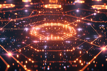 Illuminated digital cyberspace, an abstract visualization of futuristic technology with glowing networks and hexagons