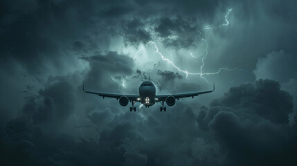 A passenger plane boldly navigating through a tumultuous night sky, dramatically illuminated by bursts of lightning