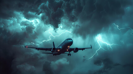 A passenger plane braving a turbulent night sky, illuminated by vivid flashes of lightning