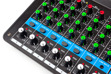 8-channel mixing console for connecting microphones and musical instruments. - obrazy, fototapety, plakaty