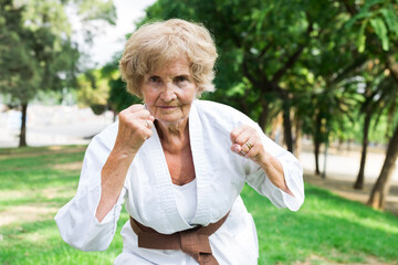 Old lady exercising karate in park - 795118524