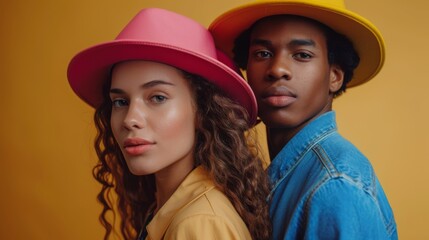A man and woman wearing colorful hats posing for a picture, AI