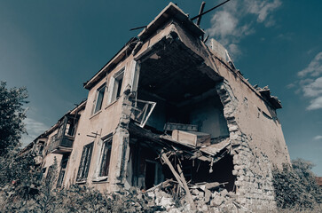 destroyed and burned houses in the city Russia Ukraine war