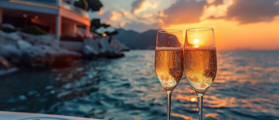 champagne glass with seascape resort view, Generative Ai - obrazy, fototapety, plakaty