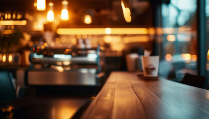 A contemporary cafe setting, showcasing blurred background details with prominent warm lighting and wooden surface in focus.
