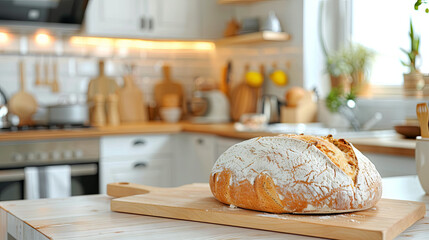 A fragrant loaf of warm, freshly baked bread, located on the kitchen table, beckons to be tasted