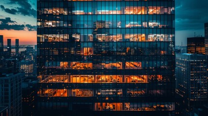 Office building at twilight with city lights in the background