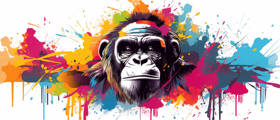 Colorful Gorilla with Paint Splatter and Headband Illustration