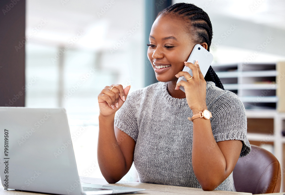 Poster business woman, office and taking call with smartphone for planning, employee and happy with cellpho