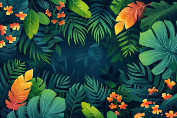 Dense jungle scene with tropical leaves and flowers - obrazy, fototapety, plakaty