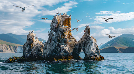 Starichkov island in Pacific ocean Kamchatka Russia. 