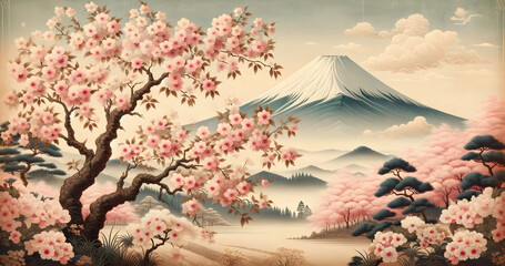 Fuji Mountain Sakura Blossom Vintage Traditional Japanese Drawing Arts 