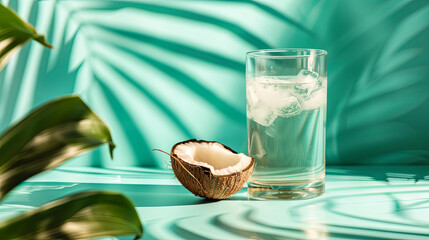 Coconut milk with cut coconut on isolated background with palm leaves