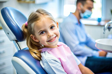 A small child is at a dentist's appointment and is sitting in a dental chair for examination.