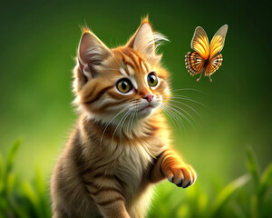 Fototapeta premium A little kitten plays in the summer sun on the green grass and looks at a butterfly. cute poster and wallpaper