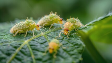 Group of Small Green Bugs on Top of Green Leaf