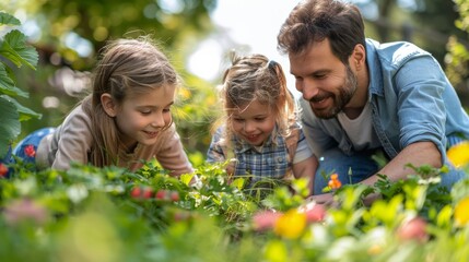 Man and Two Girls in a Garden