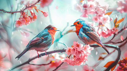 Two vibrant birds sit elegantly on a cherry blossom branch, their colorful feathers harmonizing with the ethereal beauty of the delicate pink flowers