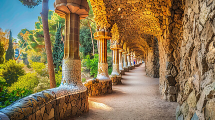Stone columns arcade in Park Guell Barcelona Spain. 