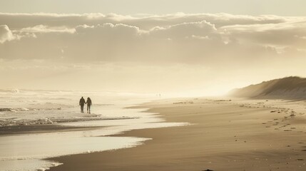 Peaceful scene of people walking hand in hand along a tranquil beach