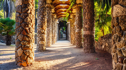 Stone columns arcade in Park Guell Barcelona Spain. 