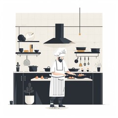 Illustration of Chef Cooking in Kitchen, Culinary Skills in Meal Preparation, Professional Chef at Stove with Frying Pan, Modern Kitchen in Flat Design