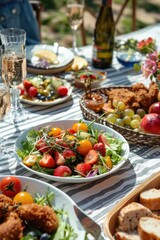 Fototapeta na wymiar Mediterranean Salad. Picnic Celebration with Fresh Salad, Chicken, and Champagne Outdoors