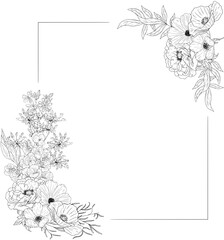Hand drawn peony ,roses, poppies and springtime florals to create a borders with leaves and branches.