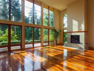 Naklejka premium Windows Home. Big Luxurious Living Room with Fireplace, Hardwood Floors, and Stunning View
