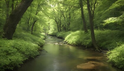 Fototapeta na wymiar A peaceful forest stream winding its way through t