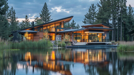 A contemporary house with a dynamic roofline and expansive windows, overlooking a serene lake...