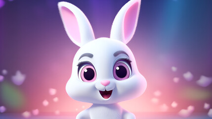 Mesmerizing 3D Rendering, The Adorable Journey of a White Cartoon Rabbit with Enormous Pink Eyes Gazing Directly into the Lens amidst a Dreamy Purple and Pink Bokeh Wonderlan