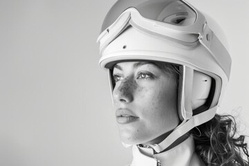 A headshot portrait of a woman model wearing motorcycle helmet looking at the camera isolated on white background shot in a studio. - obrazy, fototapety, plakaty