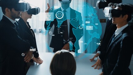 Smart manager using VR glass to connect global networking connection with hologram of big data and...