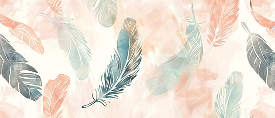 Boho inspired feather print with soft hues of blue and purple on light background.