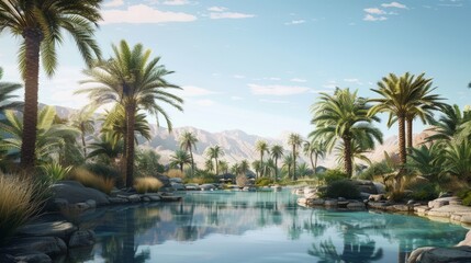 Fototapeta na wymiar Remote desert oasis with palm trees and clear skies, providing a peaceful setting for outdoor yoga