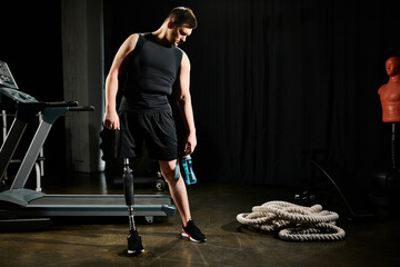 A man with a prosthetic leg stands beside a intricate machine in a dimly lit room, exploring its...