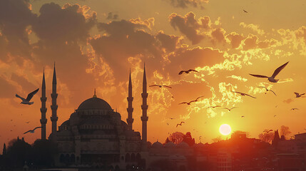 Sulaymaniyah Mosque at sunset in Istanbul Turkey. 