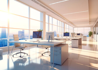 Row of desks with computer monitors and keyboards in an office setting