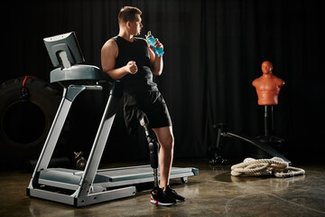 A man with a prosthetic leg stands on a treadmill, holding a bottle of water.